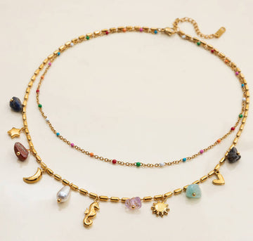 Vintage Women Pearl Sea Horse Titanium Steel Layered Necklace