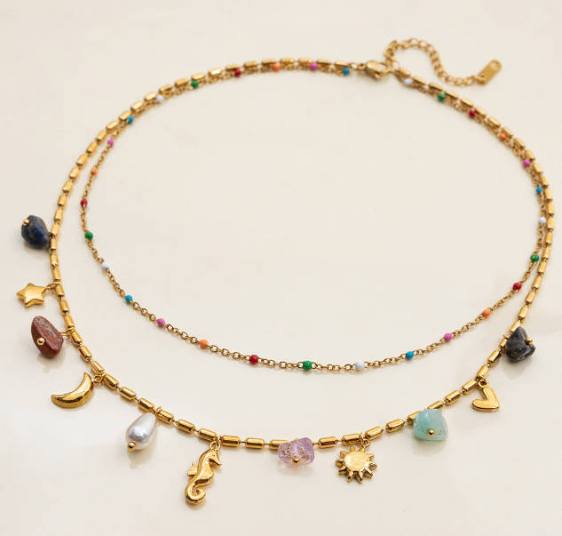 Vintage Women Pearl Sea Horse Titanium Steel Layered Necklace