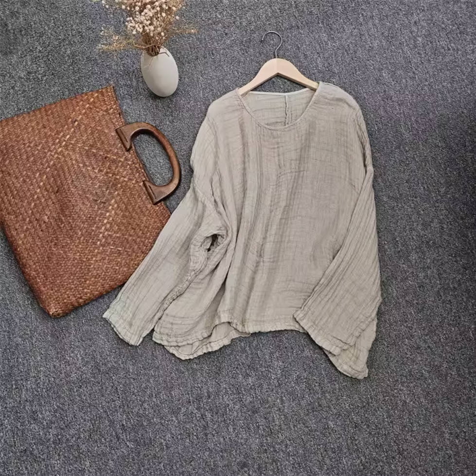 Spring Loose Linen Round Neck Casual Versatile Thin Tops