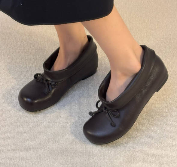 Women Vintage Round Toe Soft Leather Bowknot Hidden Wedge Slip-on Shoes