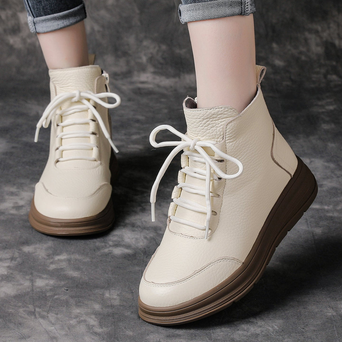 Casual Leather Thick Soft Sole Lace-Up Versatile Ankle Boots