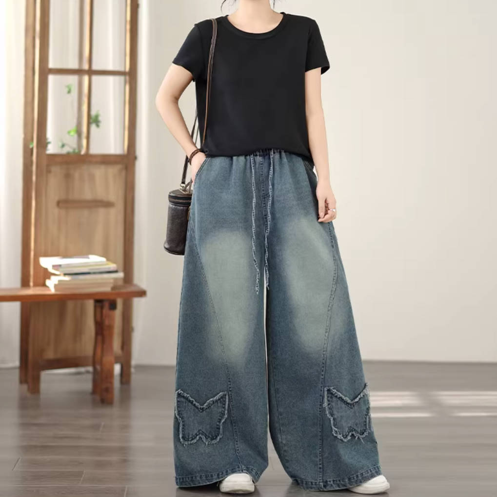 Retro Versatile Elegant Denim Butterflies Elastic Waist Loose Jeans