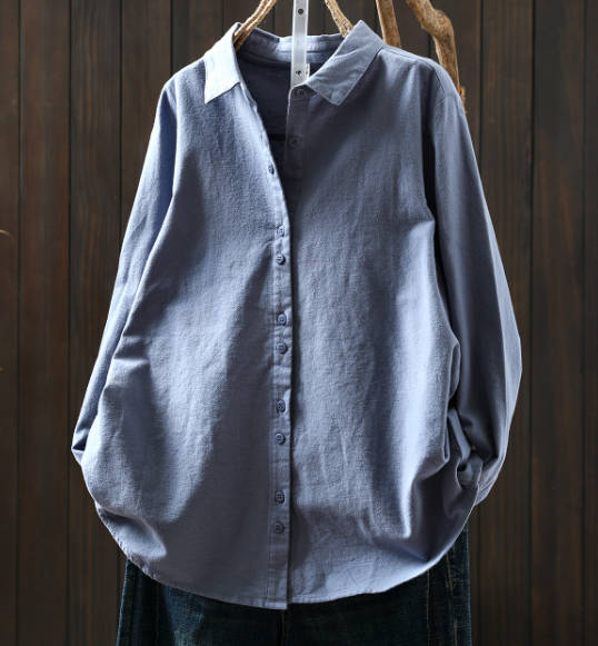 Women Casual Autumn Loose Cotton Long-Sleeve Green Shirt