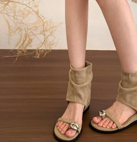 Retro Insole Height Leather Metal Buckle Open-Toe Roman Sandals Ankle Boots