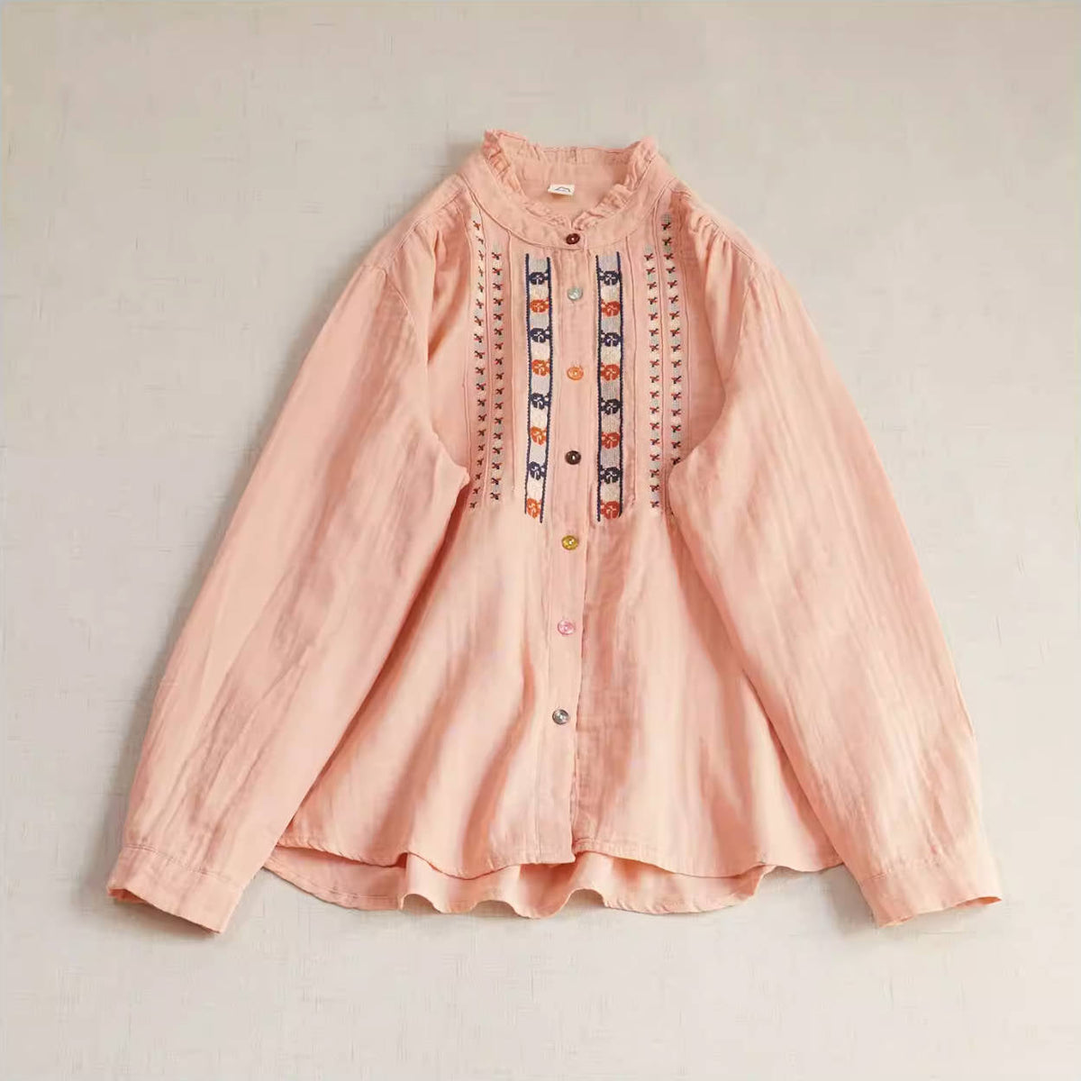 Retro Spring Cotton Embroidered Ruffled Neck Loose Casual Shirt