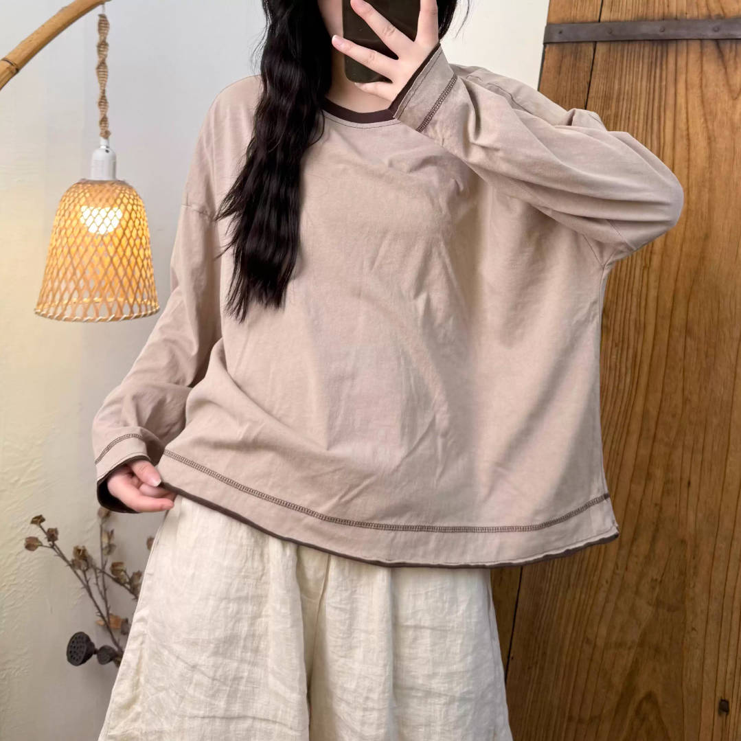 Spring Cotton Knitted Patchwork Round Neck Loose Versatile Tops