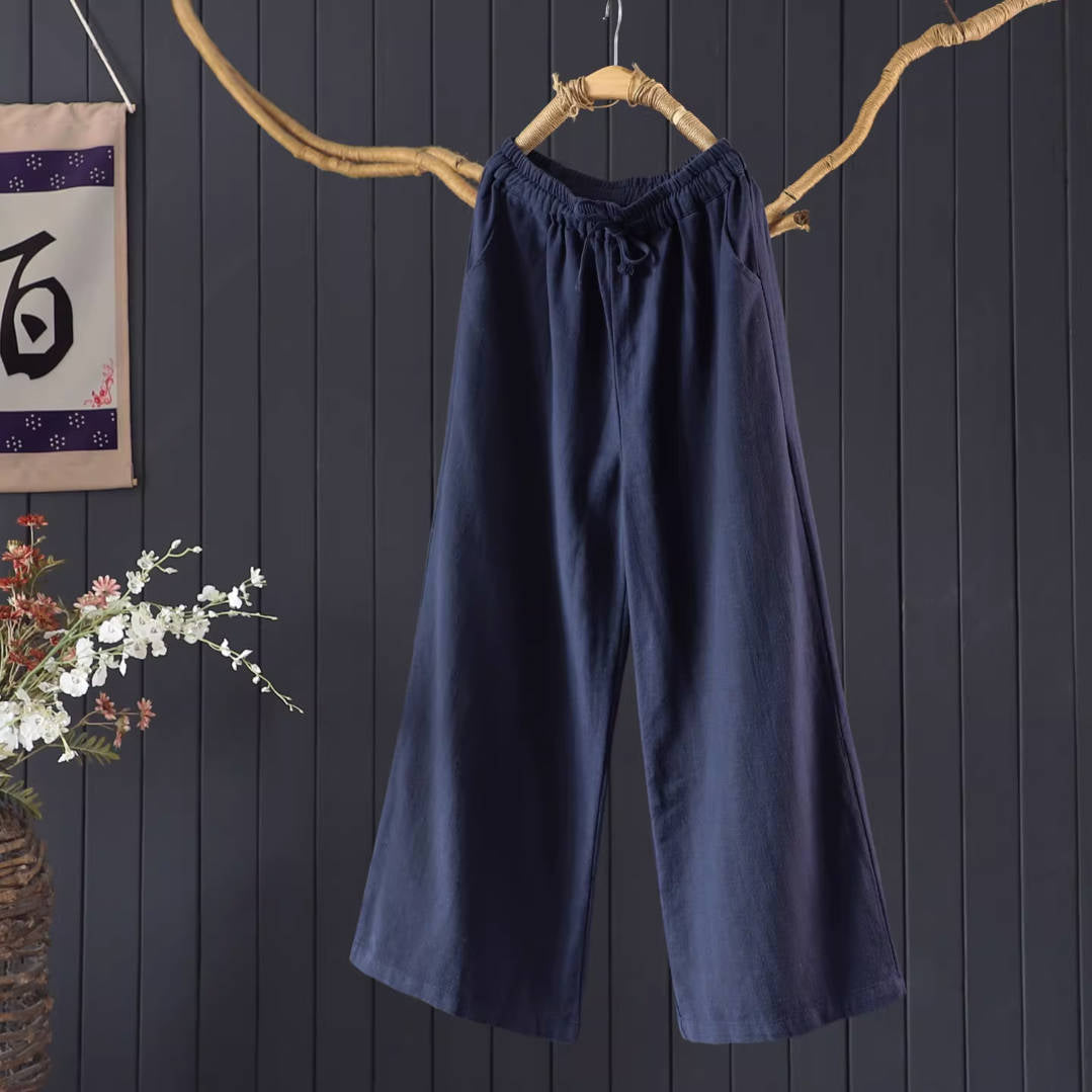 Spring Ramie Cotton Solid Color Elastic Waist Casual Loose Soft Pants