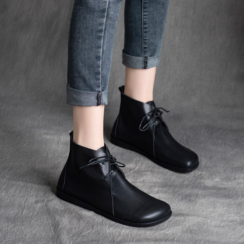 Retro Leather Soft Flat Sole Lace-Up Everyday Ankle Boots