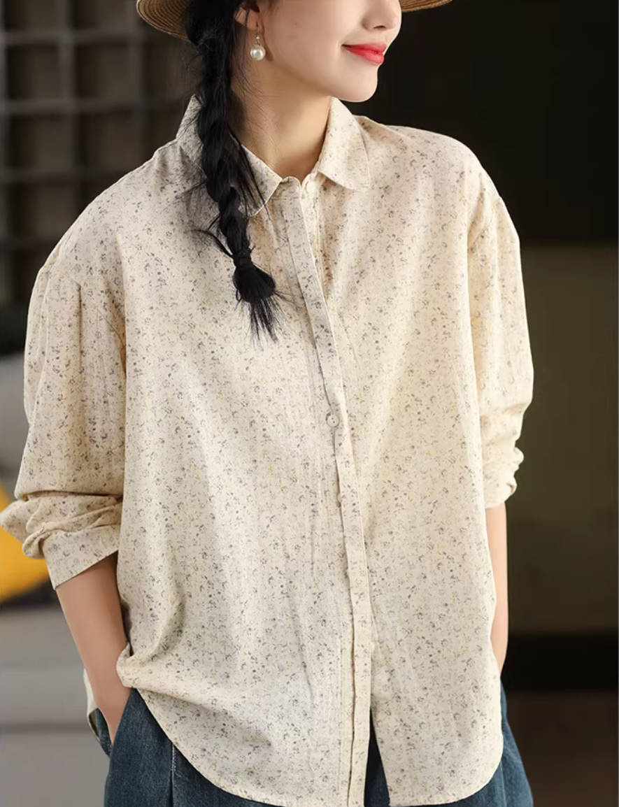 Spring Retro Linen Cute Floral Printed Loose Long Sleeves Shirt