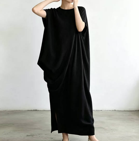 Vintage Irregular Linen Maxi Round Neck Batwing Sleevee Dress