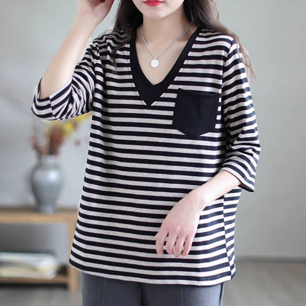 100% Cotton V-Neck Striped Pocket 3/4 Sleeves Pullovers