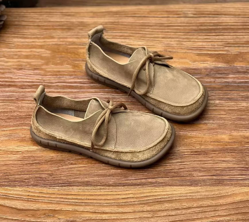 Retro Genuine Leather Round Toe Lace-Up Soft Sole Flat
