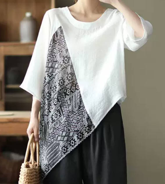 Spring Bohemian Linen Loose Patchwork Round Neck Top