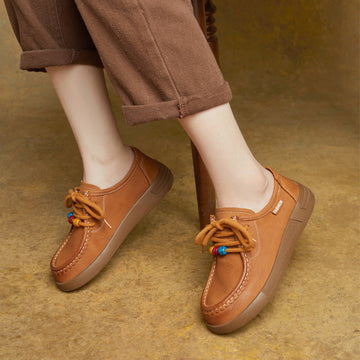 Vintage Leather Round Toe Soft Flat Sole Loafer Lace Up Shoes