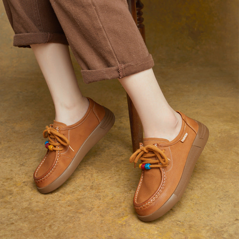 Vintage Leather Round Toe Soft Flat Sole Loafer Lace Up Shoes