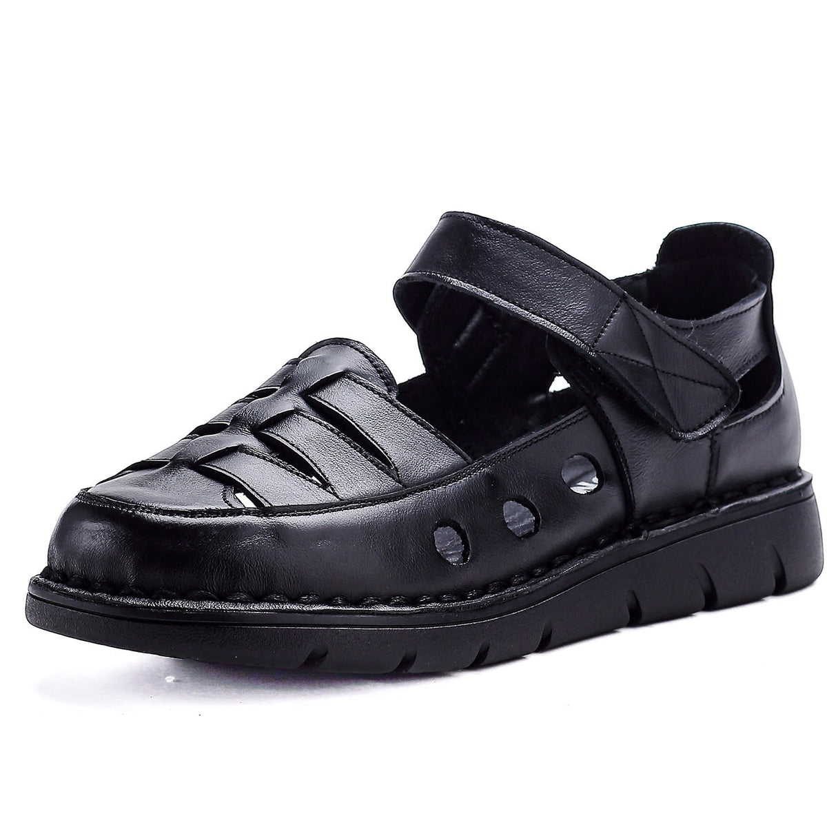 Spring Retro Leather Cut Out One Straped Velcro Soft Sole Flats