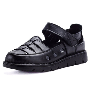Spring Retro Leather Cut Out One Straped Velcro Soft Sole Flats