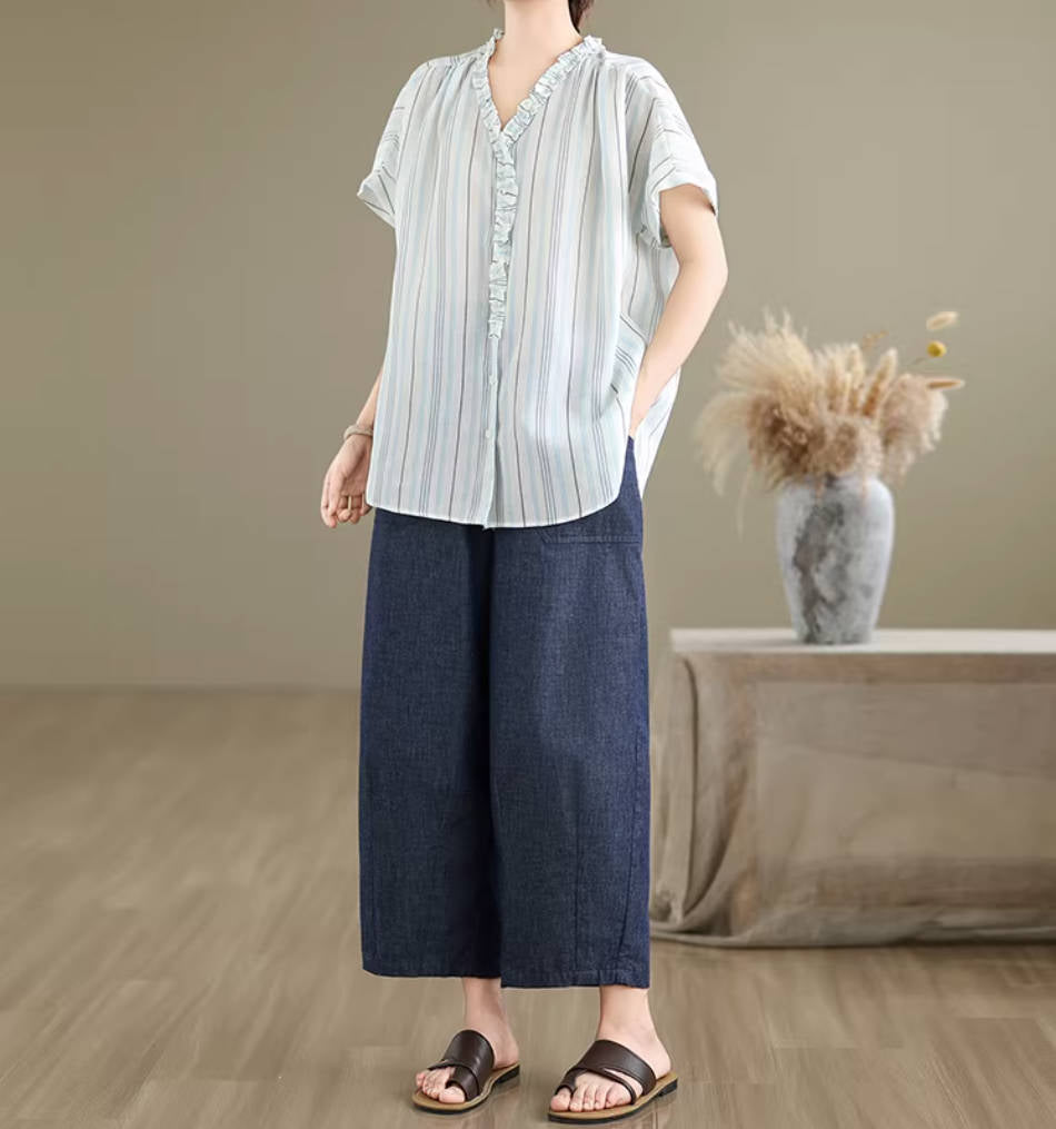 Stylish Linen Ruffled V-Neck Striped Blue Slim Thin Tops