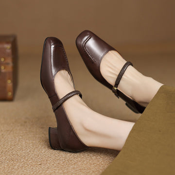 Vintage Leather Square Toe One Straped Chunky Shoes