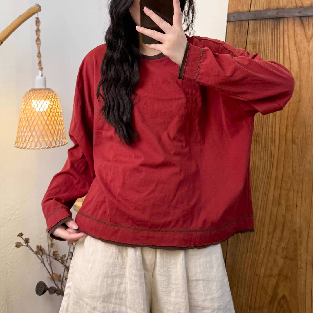 Spring Cotton Knitted Patchwork Round Neck Loose Versatile Tops