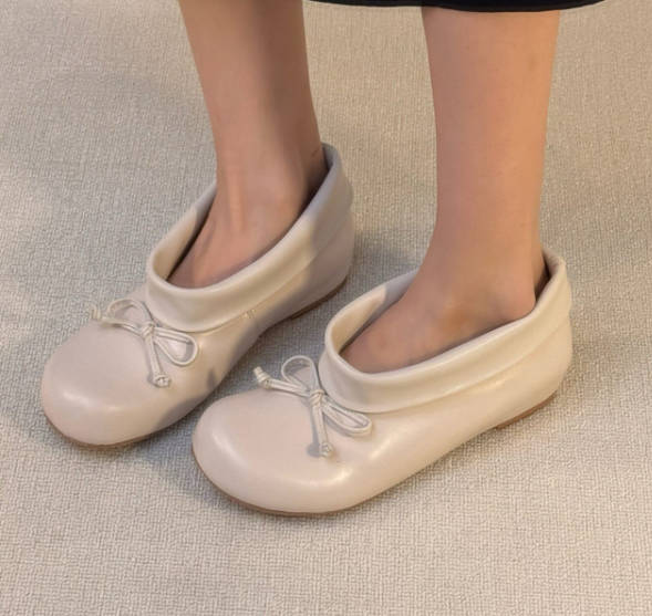 Women Vintage Round Toe Soft Leather Bowknot Hidden Wedge Slip-on Shoes