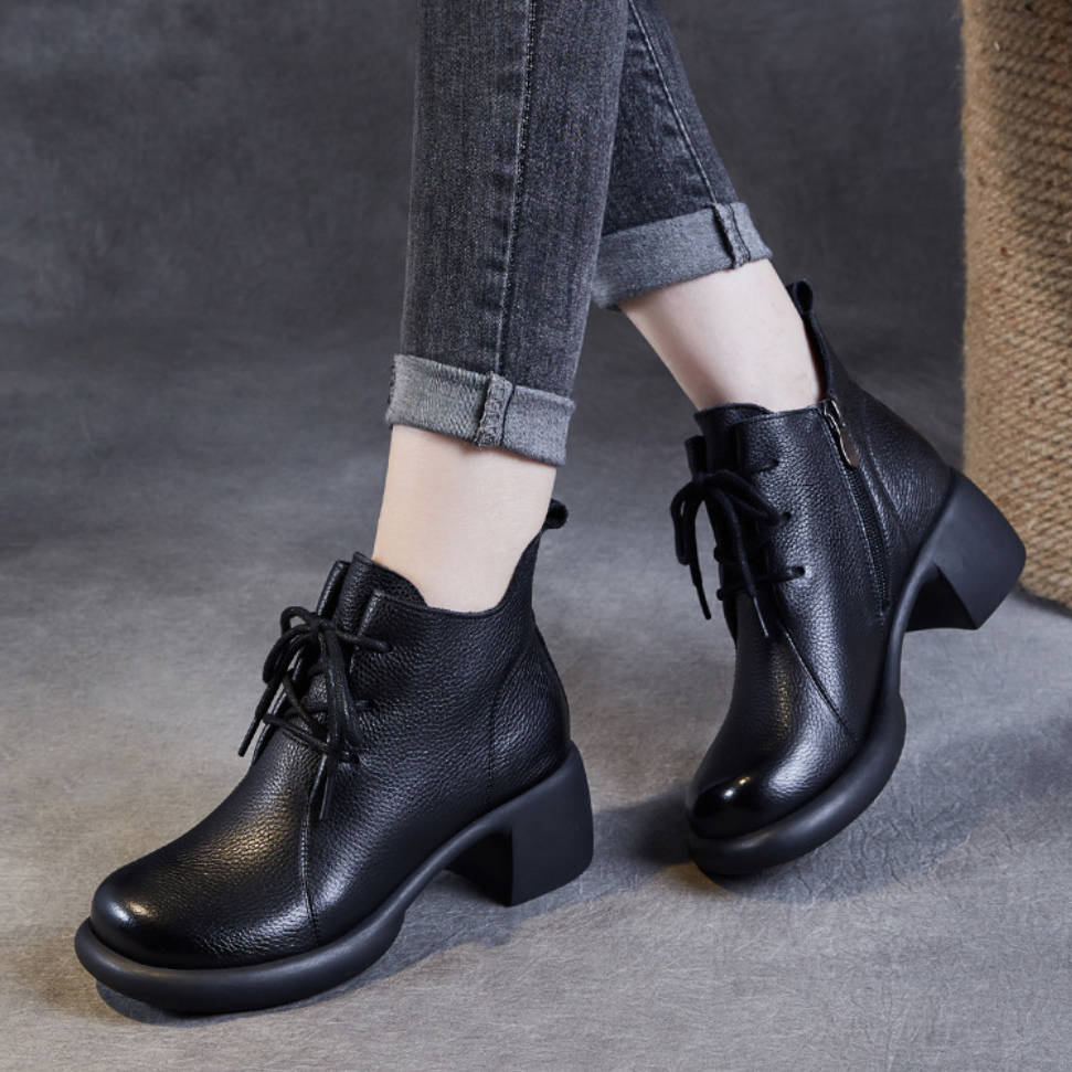 Retro Leather Chunky Elegant Lace-Up Zipper Ankle Boots