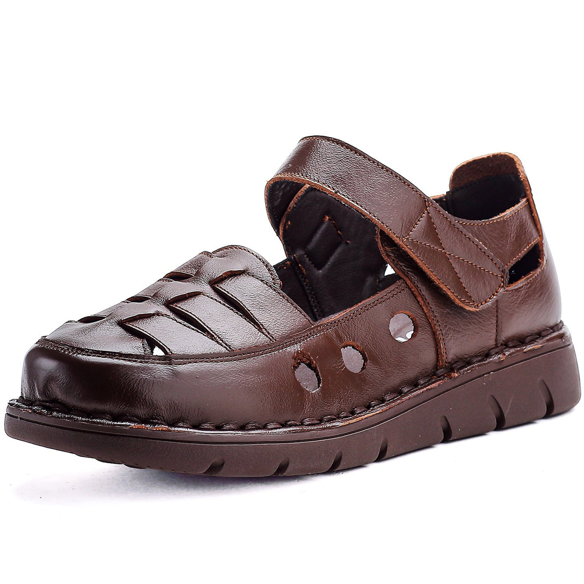Spring Retro Leather Cut Out One Straped Velcro Soft Sole Flats