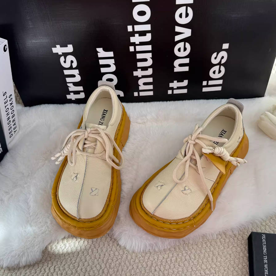 Top Leather Retro Thick Soft Sole Casual Lace-Up Flat Shoes