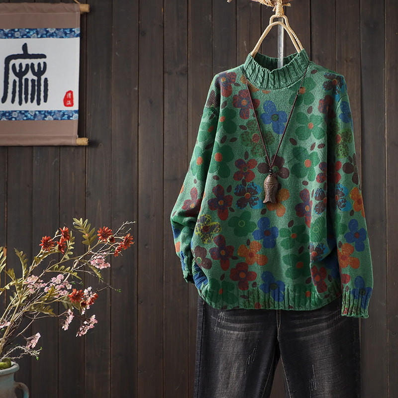 Winter Retro Cotton Printed High Neck Loose Casual Sweaters
