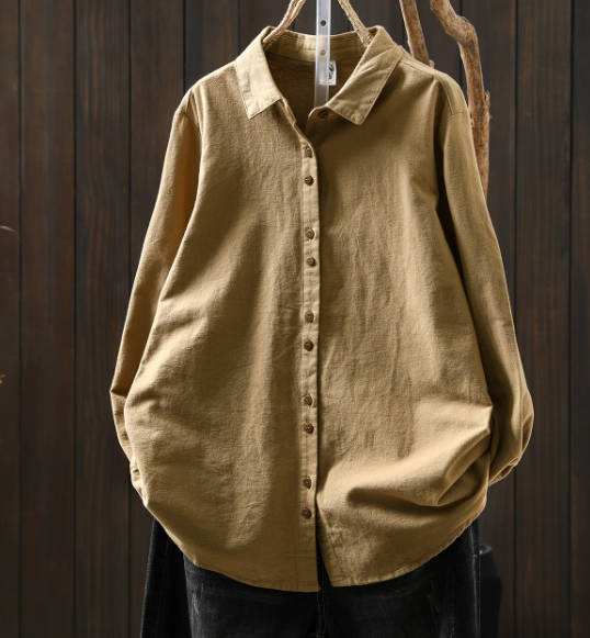 Women Casual Autumn Loose Cotton Long-Sleeve Green Shirt