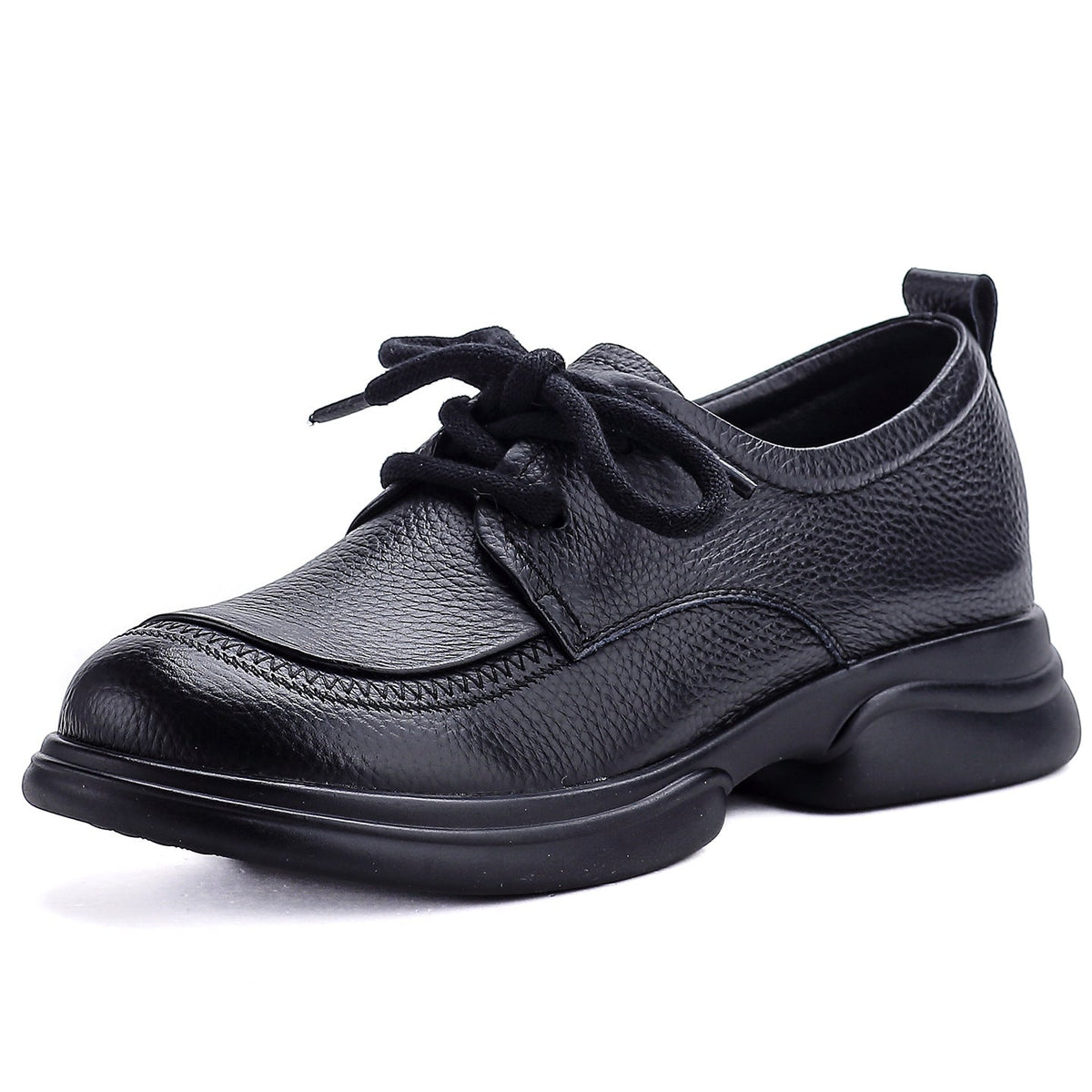 Retro Spring Leather Round Toe Soft Thick Sole Lace-Up Casual Shoes