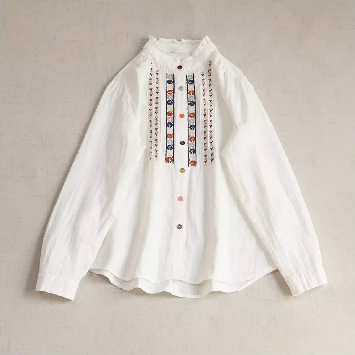 Retro Spring Cotton Embroidered Ruffled Neck Loose Casual Shirt