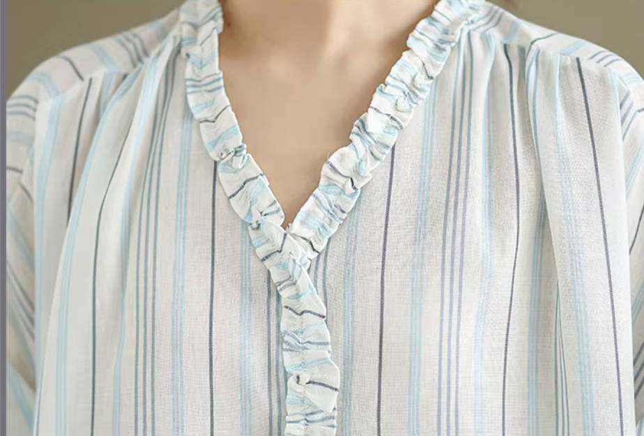 Stylish Linen Ruffled V-Neck Striped Blue Slim Thin Tops
