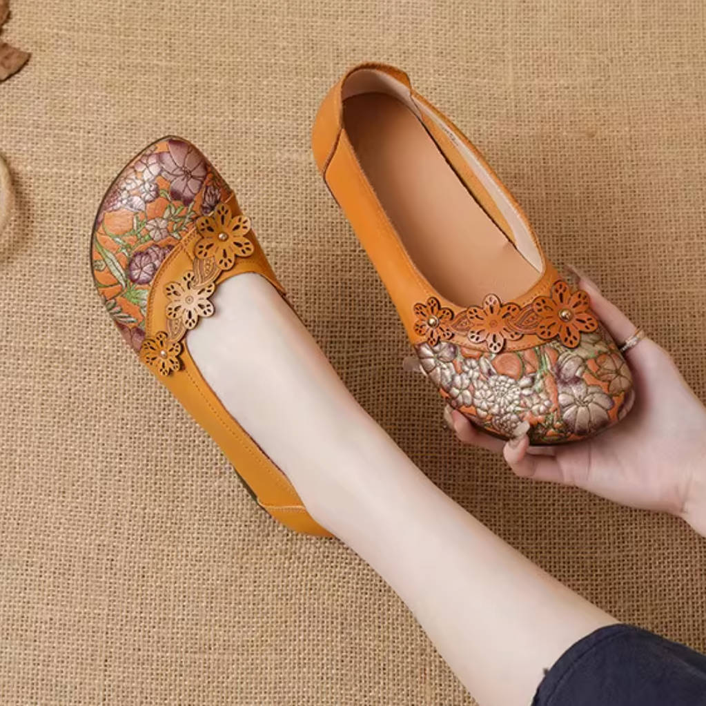 Spring Leather Floral Printed Patchwork Elegant Casual Slip-Ons