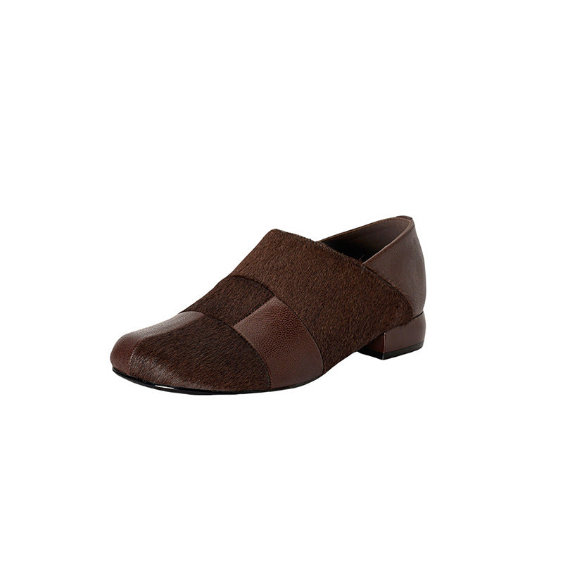 Retro Sheepskin Leather Patchwork Horsehair Chunky Plus Size Slip-Ons
