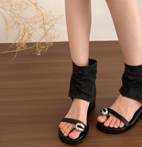 Retro Insole Height Leather Metal Buckle Open-Toe Roman Sandals Ankle Boots