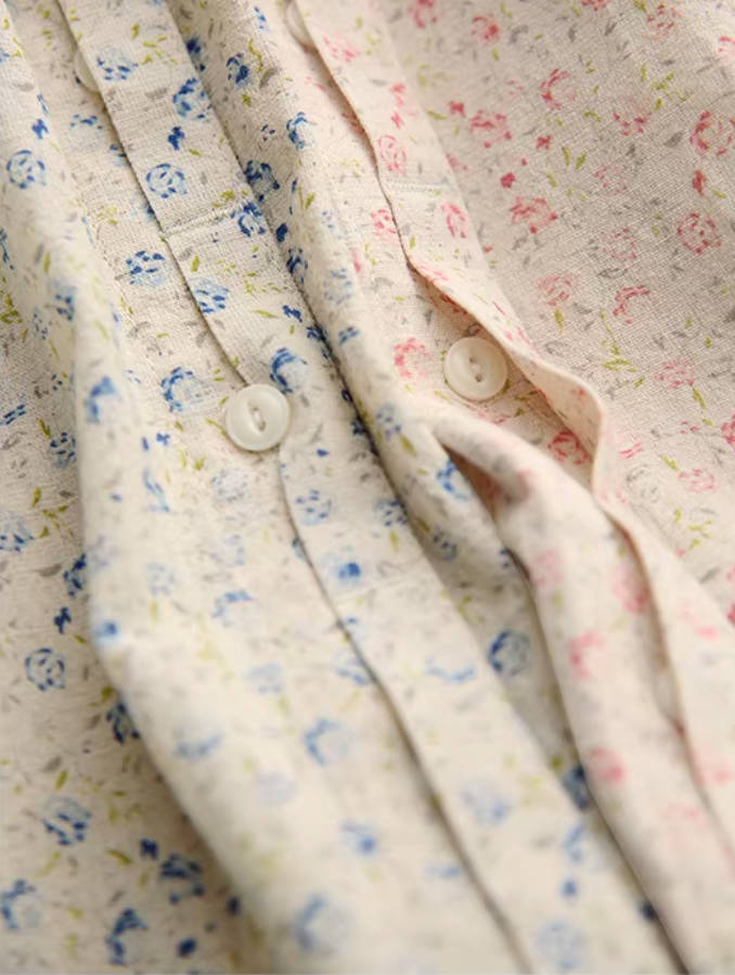 Spring Retro Linen Cute Floral Printed Loose Long Sleeves Shirt