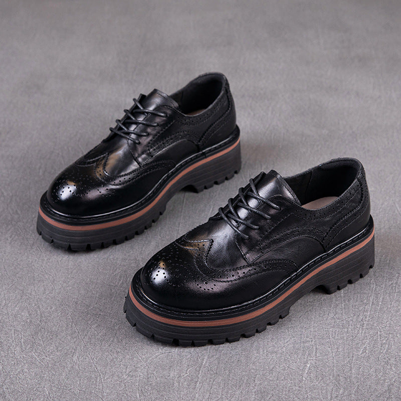 Retro Top Leather Round Toe Thick Sole Platform Flat Shoes