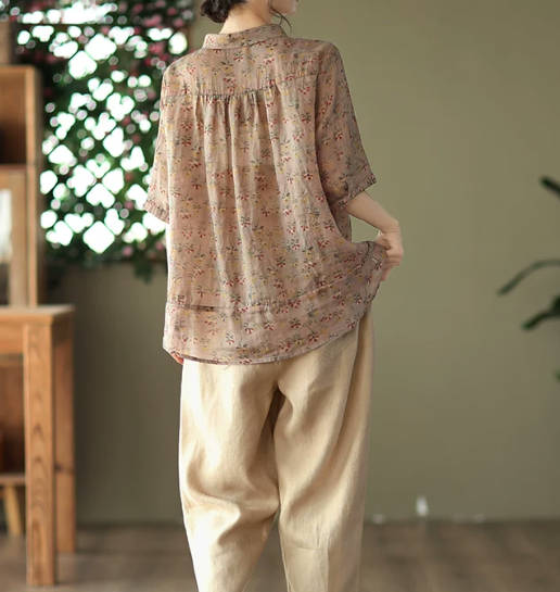 Vintage Tencel Ramie Lightweight  Floral Cotton Linen Short-Sleeve Shirt