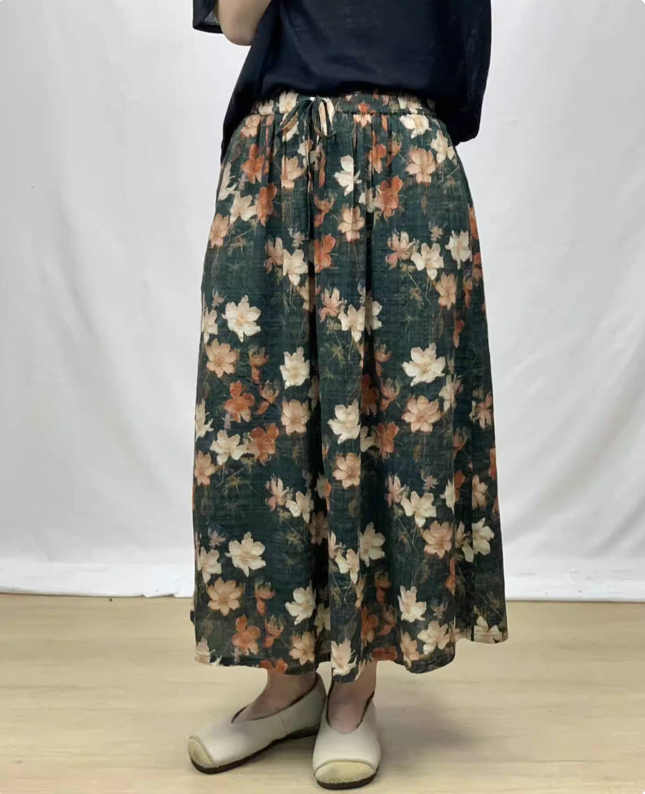 Spring Retro Ramie Printed Elastic Waist Lace-Up Thin A-Line Skirt