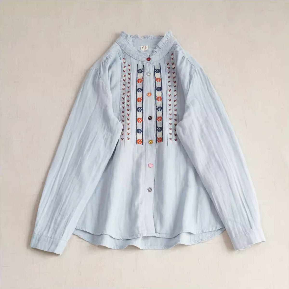 Retro Spring Cotton Embroidered Ruffled Neck Loose Casual Shirt