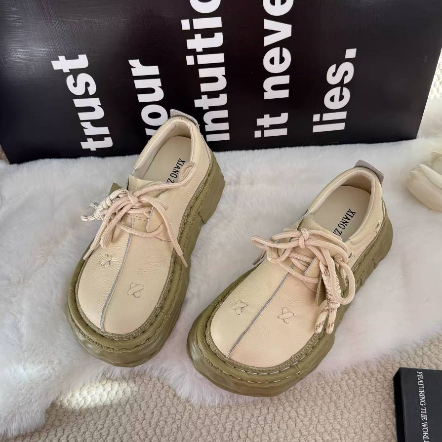 Top Leather Retro Thick Soft Sole Casual Lace-Up Flat Shoes