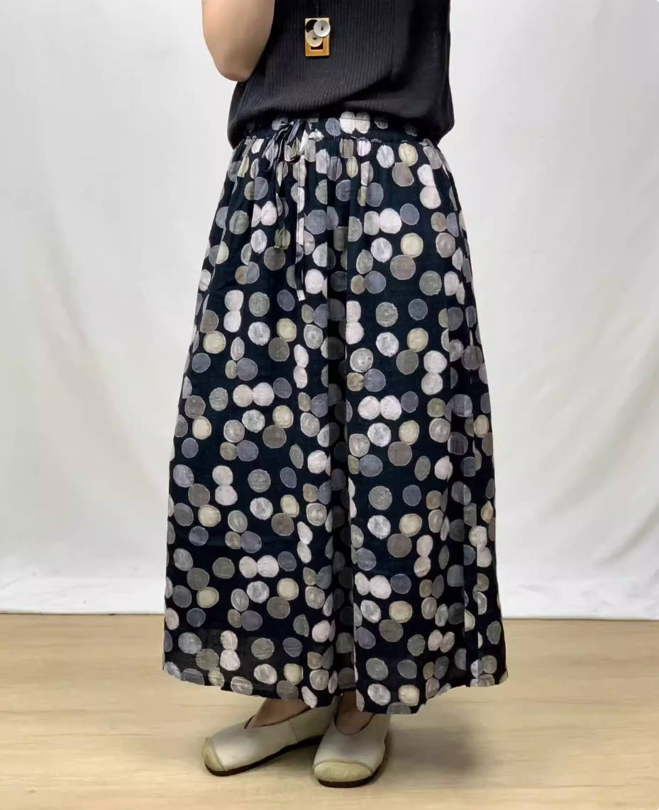 Spring Retro Ramie Printed Elastic Waist Lace-Up Thin A-Line Skirt