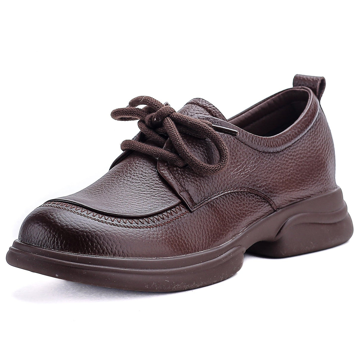 Retro Spring Leather Round Toe Soft Thick Sole Lace-Up Casual Shoes