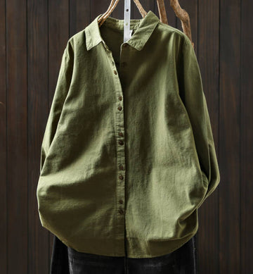 Women Casual Autumn Loose Cotton Long-Sleeve Green Shirt