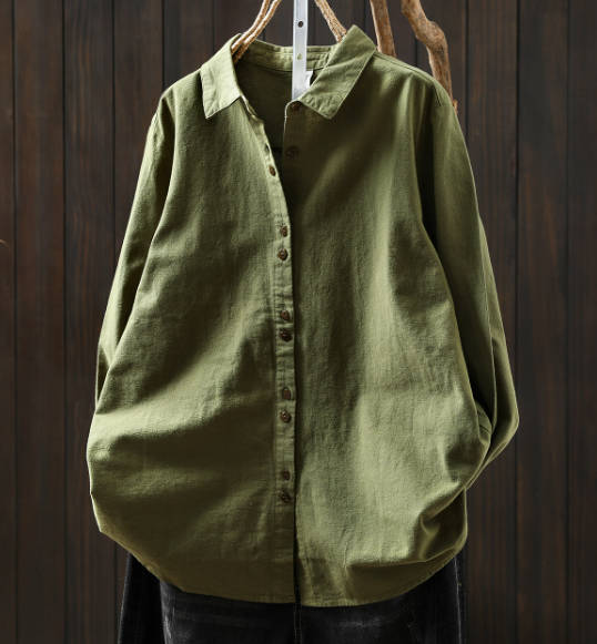 Women Casual Autumn Loose Cotton Long-Sleeve Green Shirt