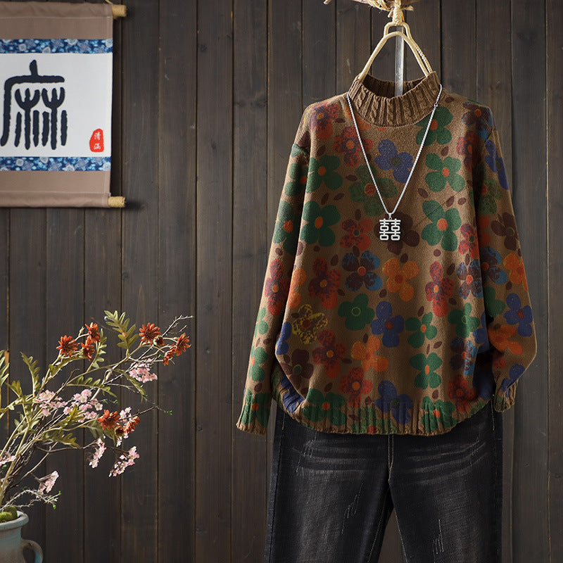 Winter Retro Cotton Printed High Neck Loose Casual Sweaters