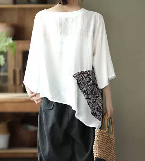 Spring Bohemian Linen Loose Patchwork Round Neck Top