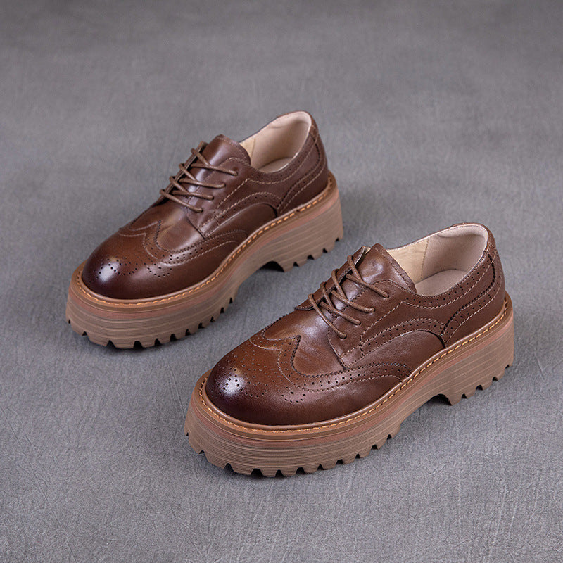 Retro Top Leather Round Toe Thick Sole Platform Flat Shoes