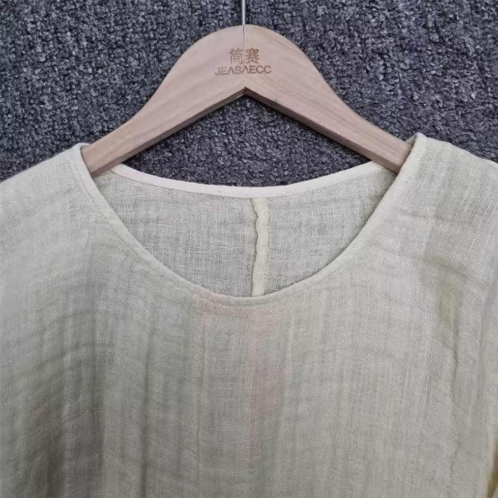 Spring Loose Linen Round Neck Casual Versatile Thin Tops